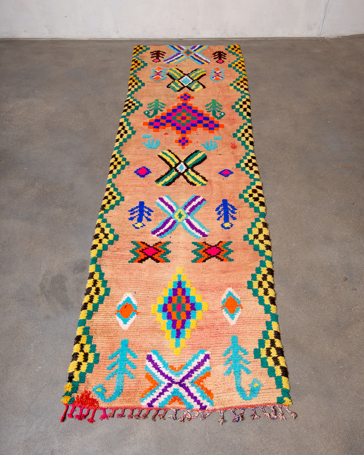 Modern, designer, handcrafted Berber runner rug from Morocco. Vintage carpet with beautiful colours and patterns and fluffy texture.